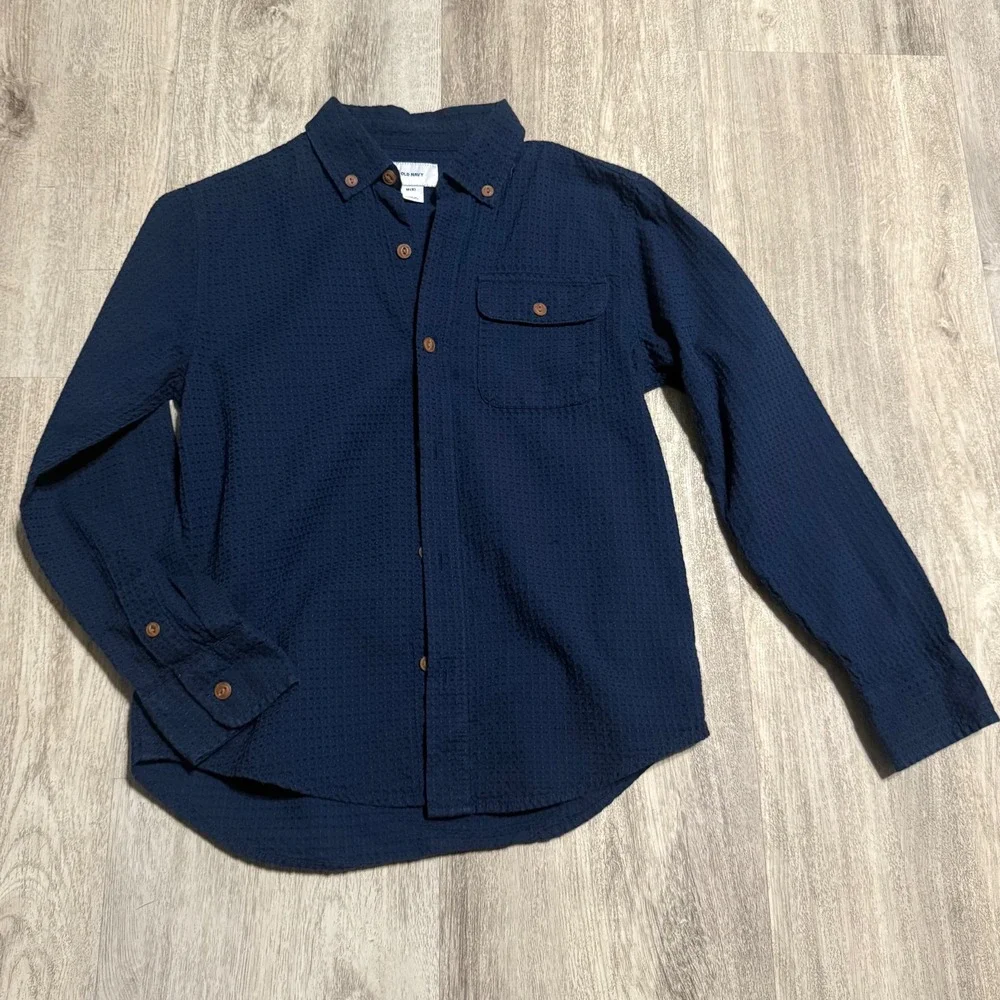 Old Navy Boys‎ Long Sleeve Textured Button Down Shirt Navy Size M 8